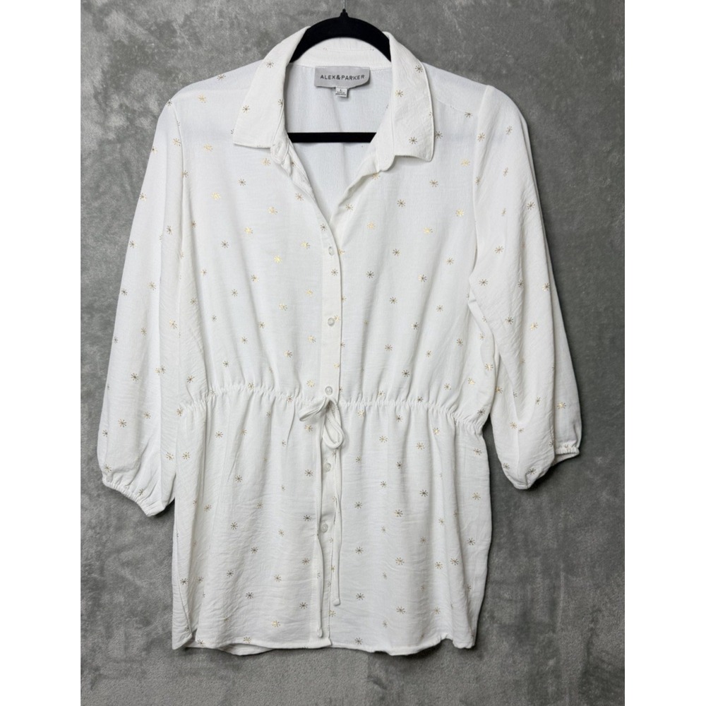 White‎ Blouse Tie Waist Top Large Alex & Parker Gold Stars Metallic Button Fairy